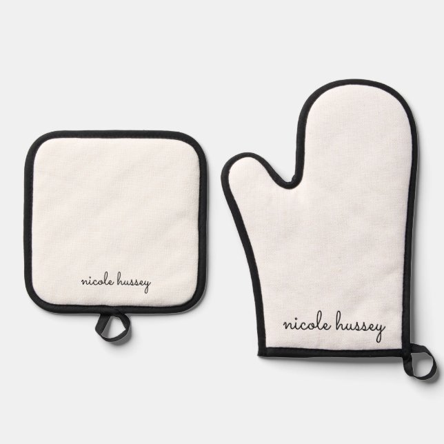 White Script | Stylish Monogram Modern Oven Mitt & Pot Holder Set (Front)
