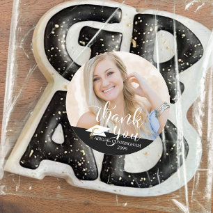 White Script Thank You Black Graduation Photo Classic Round Sticker