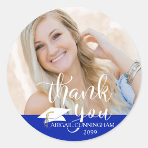 White Script Thank You Royal Blue Graduation Classic Round Sticker