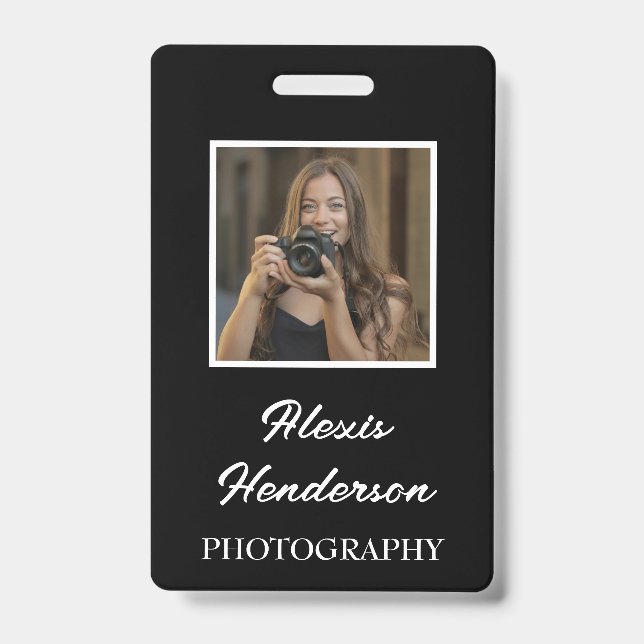 White Script Typography Photo ID Badge (Front)