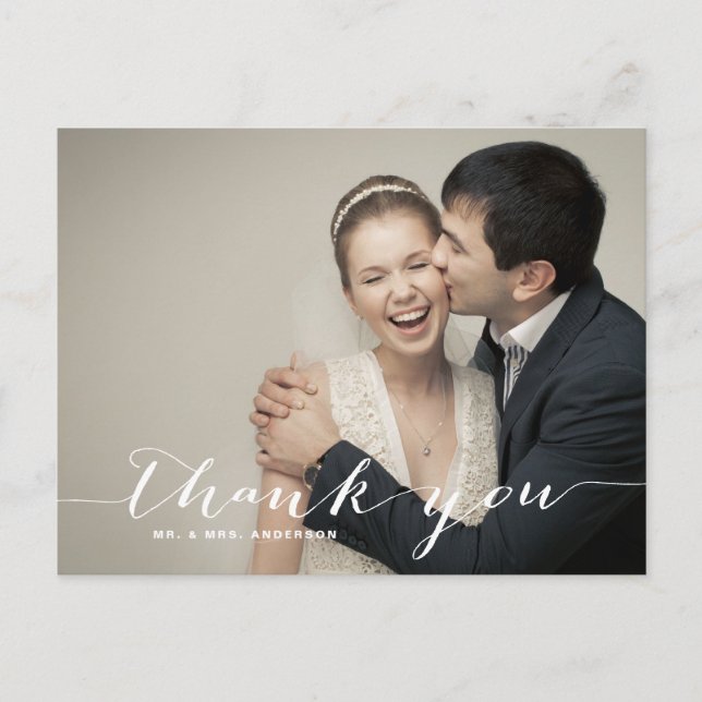 White Script Wedding Photo Thank You Postcard (Front)