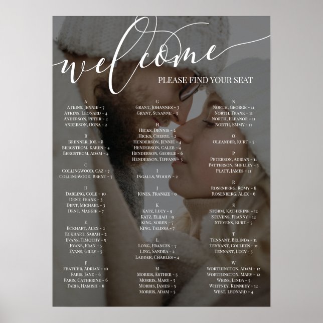 White Script Welcome Photo Wedding Seating Chart (Front)