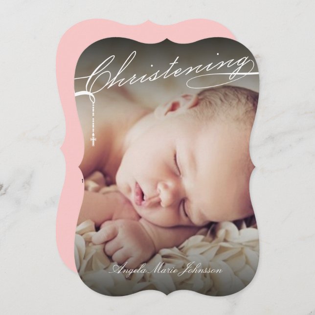 White Scripted Christening Cross Photo Religious Invitation (Front/Back)