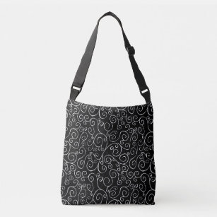 White Scrolling Curves on Black All-Over-Print Crossbody Bag