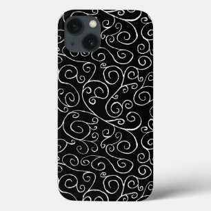 White Scrolling Curves on Black iPhone 13 Case