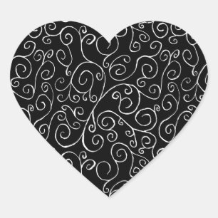 White Scrolling Curves on Black Heart Sticker