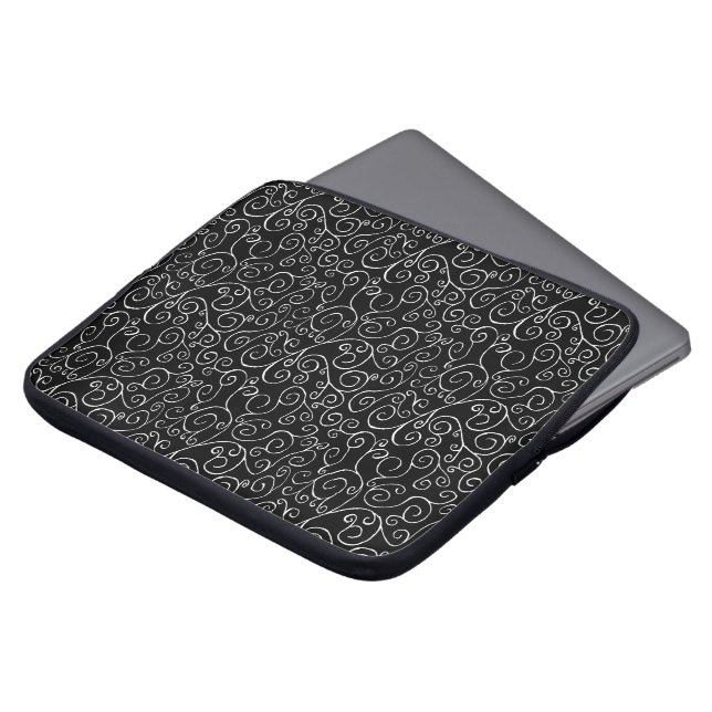 White Scrolling Curves on Black Laptop Sleeve (Front Top)