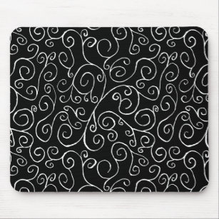 White Scrolling Curves on Black Mouse Pad