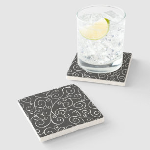 White Scrolling Curves on Black Stone Coaster