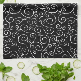 White Scrolling Curves on Black Tea Towel