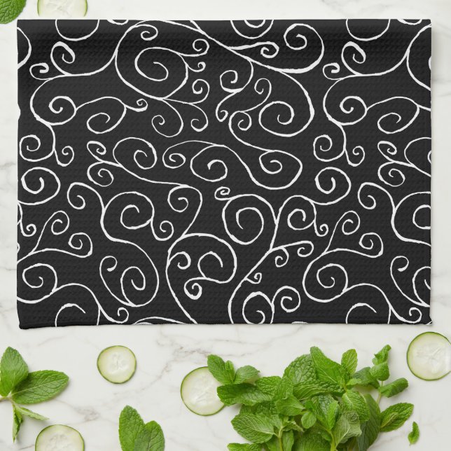 White Scrolling Curves on Black Tea Towel (Folded)