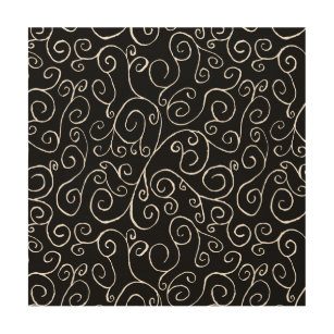 White Scrolling Curves on Black Wood Wall Art