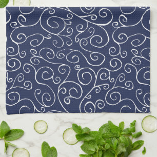 White Scrolling Curves on Navy Blue Tea Towel
