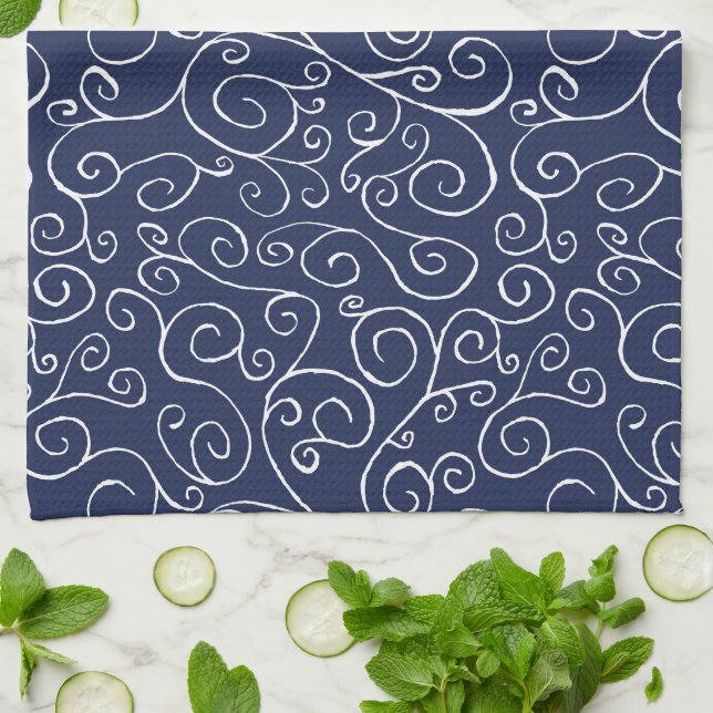 White Scrolling Curves on Navy Blue Tea Towel (Folded)
