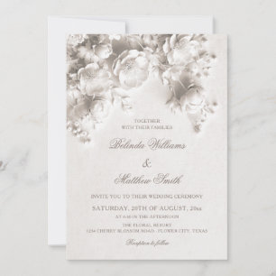 White Sculptured Floral 3D Roses Wedding  Invitation