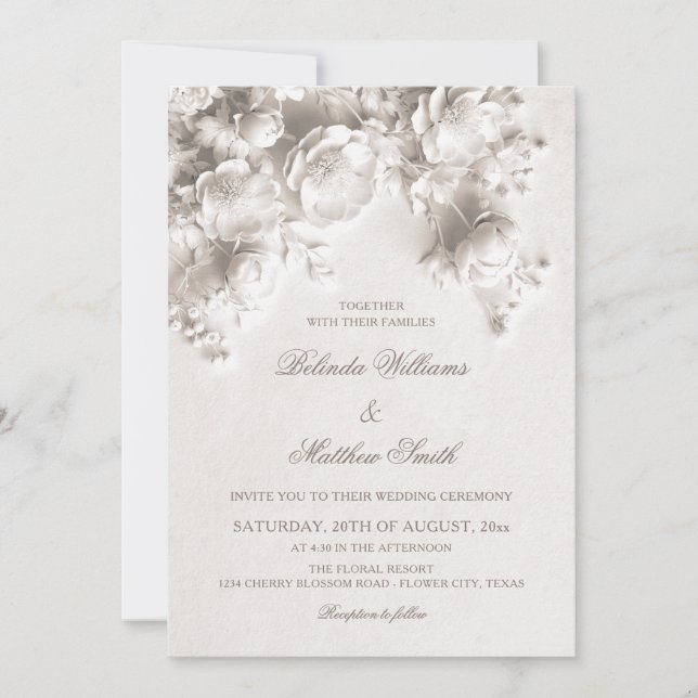 White Sculptured Floral 3D Roses Wedding  Invitation (Front)