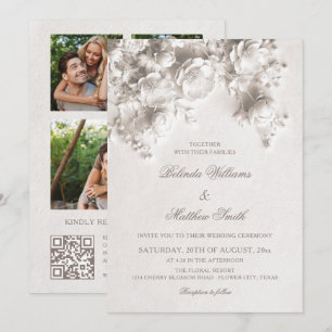 White Sculptured Flowers 3D Roses Wedding Invitation