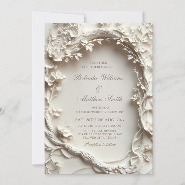 White Sculptured Flowers Wreath Wedding Invitation (Front)