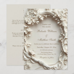 White Sculptured Flowers Wreath Wedding Invitation