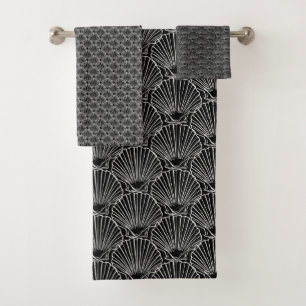 White Sea Shell Pattern Over Black  Beach House Bath Towel Set