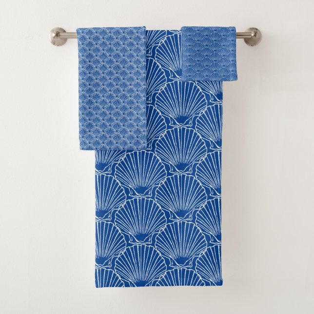 White Sea Shell Pattern Over Blue  Beach House Bath Towel Set (Insitu)