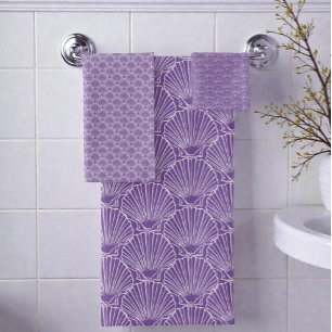 White Sea Shell Pattern Over Purple Beach House Bath Towel Set