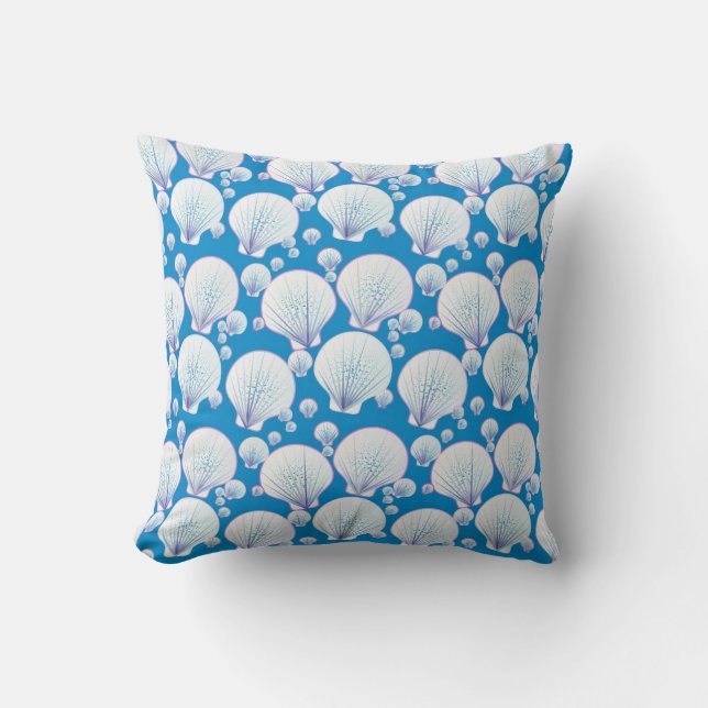 White sea shells on an ocean blue background cushion (Front)