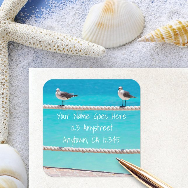 White seagull beach birds photo return address square sticker (Creator Uploaded)