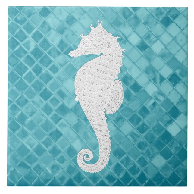 White Seahorse Aqua Sea Glass Pattern Tile (Front)