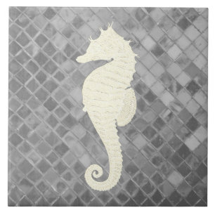 White Seahorse Gray Sea Glass Pattern Ceramic Tile
