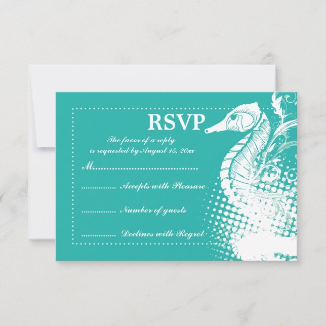 White seahorse light sea green summer wedding RSVP Card (Front)