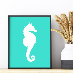 White Seahorse on Turquoise Photo Print
