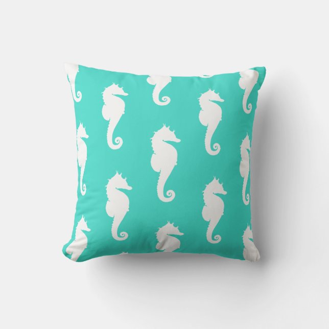 White Seahorses on Turquoise Cushion (Front)