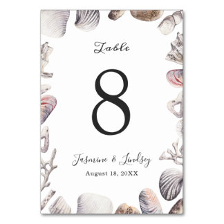 White Seashell Coral Wedding Table Number