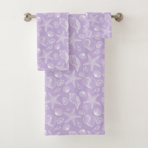 White Seashell Purple Beach Bathroom Towel Set