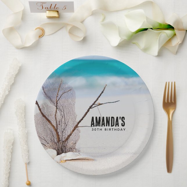 White Seashells on a Tropical Beach Birthday Paper Plate (Wedding)