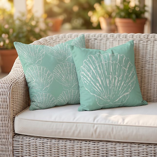 White Seashells On Seafoam Light Mint Pastel Green Cushion (Creator Uploaded)