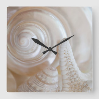 White Seashells Starfish Tropical Beach Sea Shells Square Wall Clock