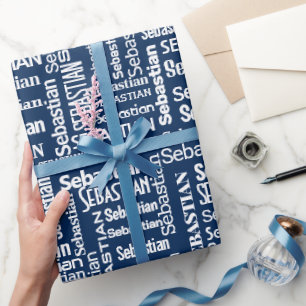 White SEBASTIAN Name On Blue Wrapping Paper