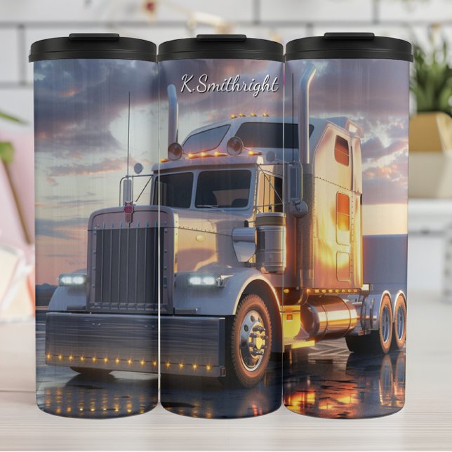 White Semi Truck Golden Hour Reflections Thermal Tumbler (Creator Uploaded)