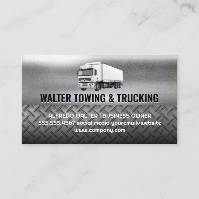 White Semi Truck Moving Logo | Steel Metallic Business Card (Front)