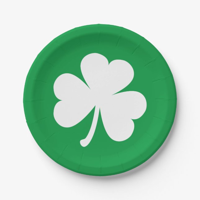 White Shamrock on Irish Green St Patrick's Day Paper Plate (Front)