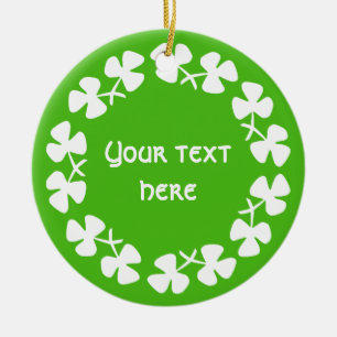 White Shamrocks Border Add Text Ceramic Tree Decoration