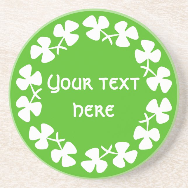 White Shamrocks Border Add Text Coaster (Front)