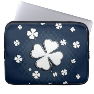White shamrocks on blue background Laptop Sleeve