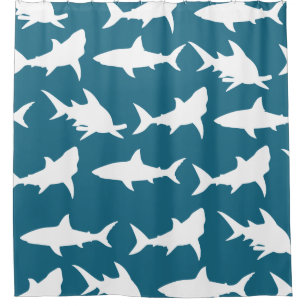 White Shark Silhouettes & Ocean Blue Green Shower Curtain