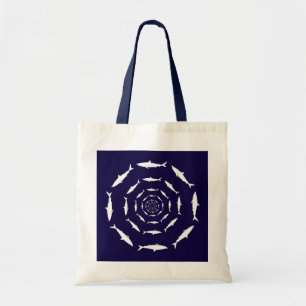 white sharks on blue tote bag