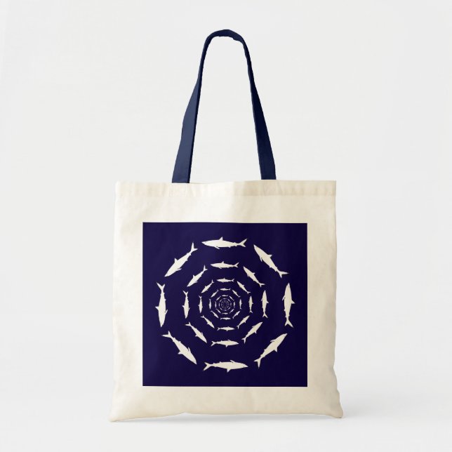 white sharks on blue tote bag (Front)