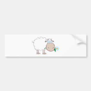 White Sheep Cartoon Character Eating A Flower Bumper Sticker