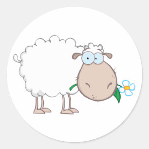 White Sheep Cartoon Character Eating A Flower Classic Round Sticker